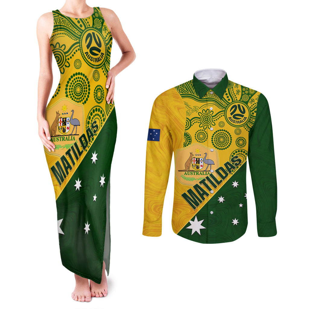 matildas-soccer-couples-matching-tank-maxi-dress-and-long-sleeve-button-shirt-australian-indigenous-national-color