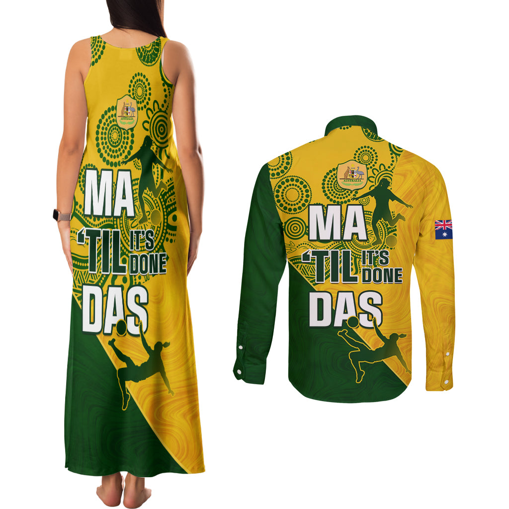 matildas-soccer-couples-matching-tank-maxi-dress-and-long-sleeve-button-shirt-australian-indigenous-national-color