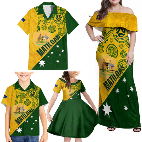 matildas-soccer-family-matching-off-shoulder-maxi-dress-and-hawaiian-shirt-australian-indigenous-national-color