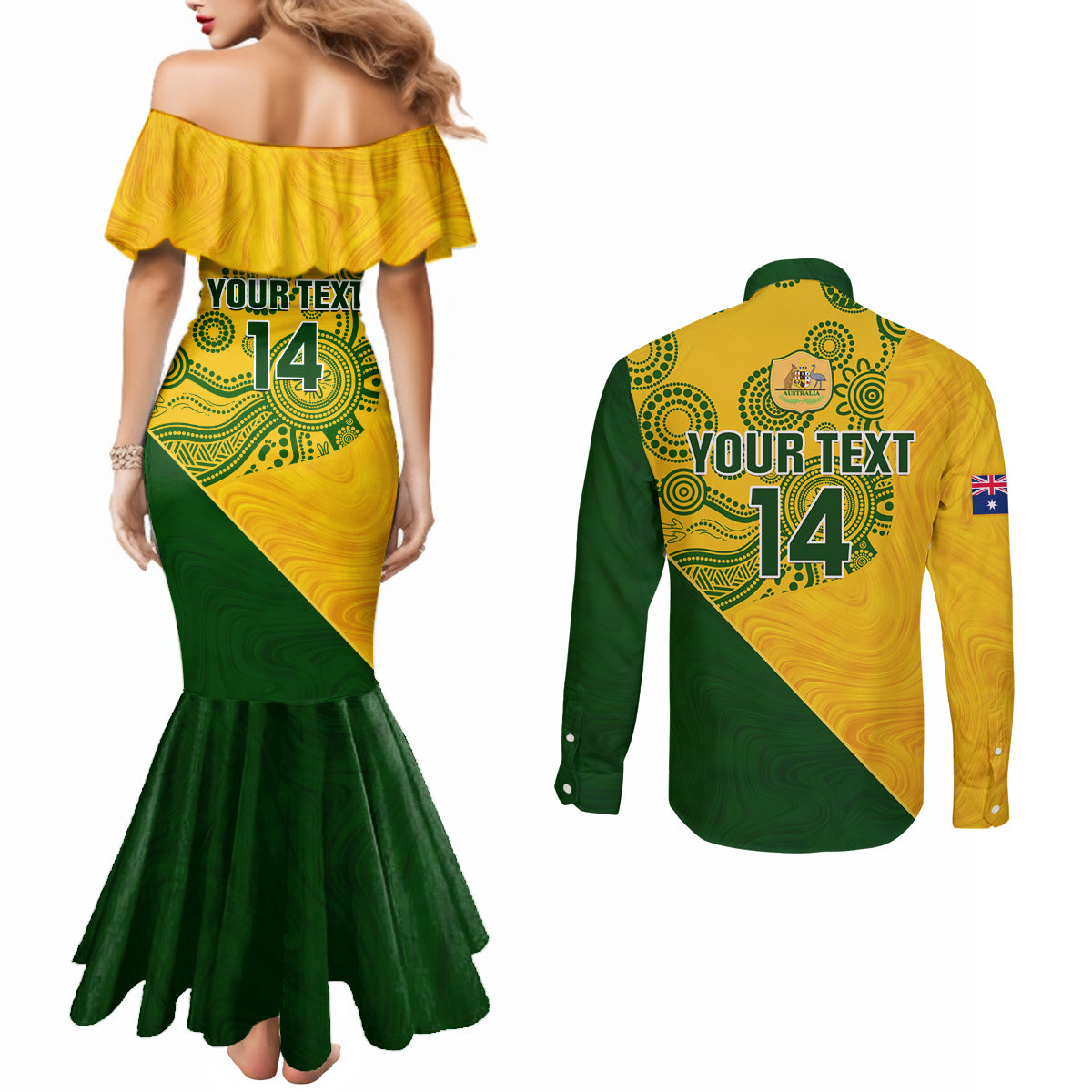 custom-matildas-soccer-couples-matching-mermaid-dress-and-long-sleeve-button-shirt-australian-indigenous-national-color