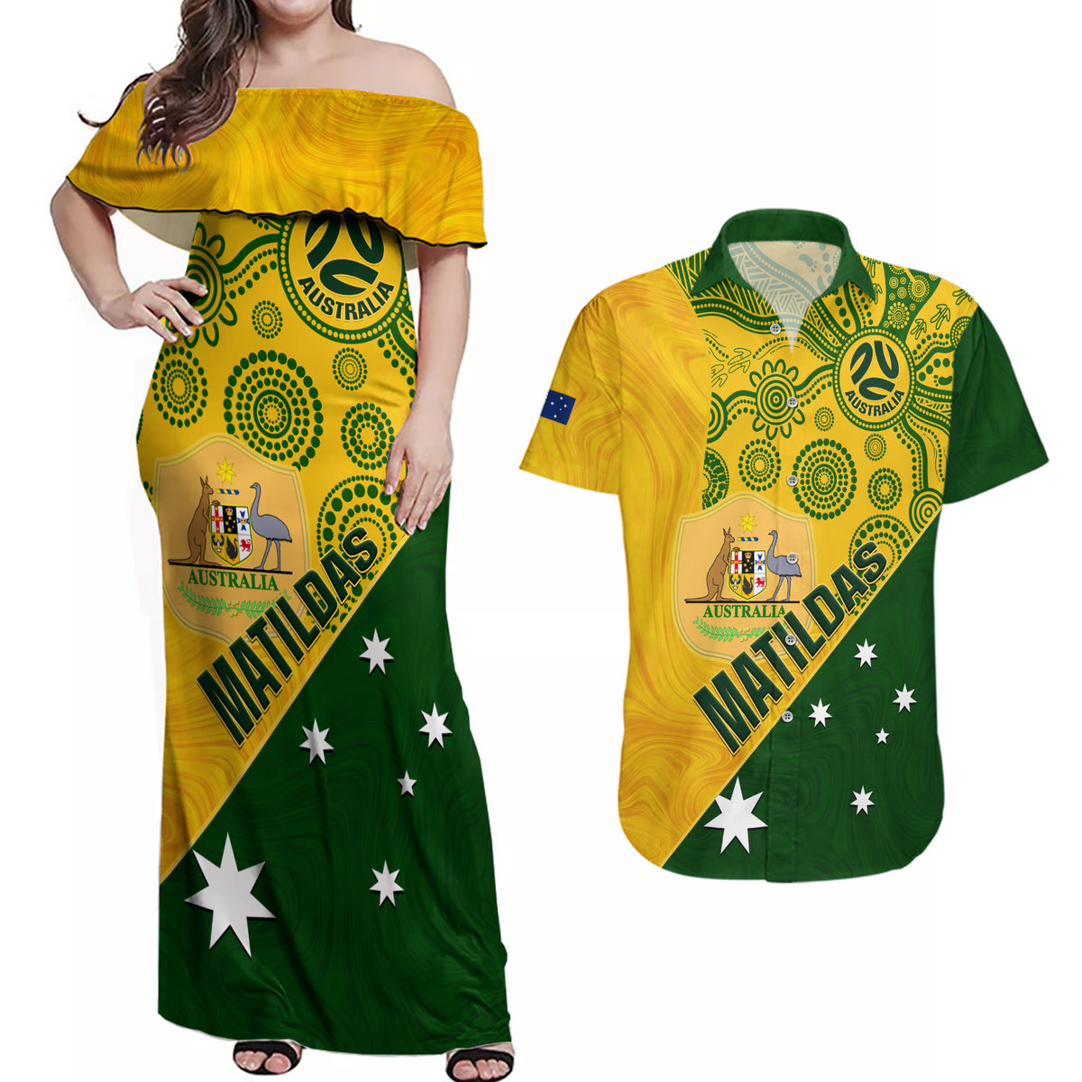 custom-matildas-soccer-couples-matching-off-shoulder-maxi-dress-and-hawaiian-shirt-australian-indigenous-national-color