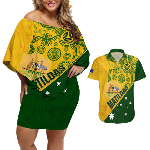 custom-matildas-soccer-couples-matching-off-shoulder-short-dress-and-hawaiian-shirt-australian-indigenous-national-color