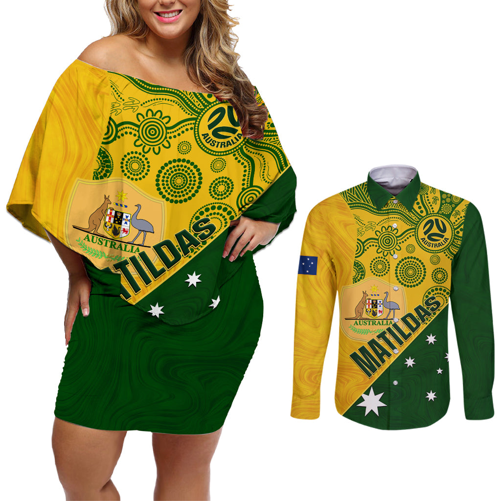 custom-matildas-soccer-couples-matching-off-shoulder-short-dress-and-long-sleeve-button-shirt-australian-indigenous-national-color