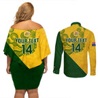 custom-matildas-soccer-couples-matching-off-shoulder-short-dress-and-long-sleeve-button-shirt-australian-indigenous-national-color