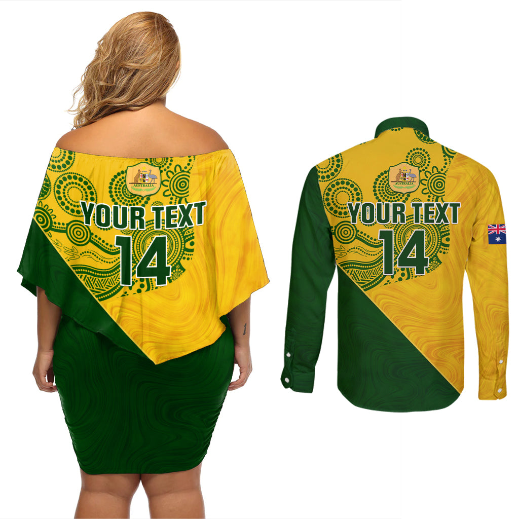 custom-matildas-soccer-couples-matching-off-shoulder-short-dress-and-long-sleeve-button-shirt-australian-indigenous-national-color