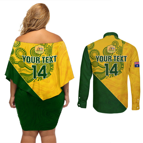 custom-matildas-soccer-couples-matching-off-shoulder-short-dress-and-long-sleeve-button-shirt-australian-indigenous-national-color