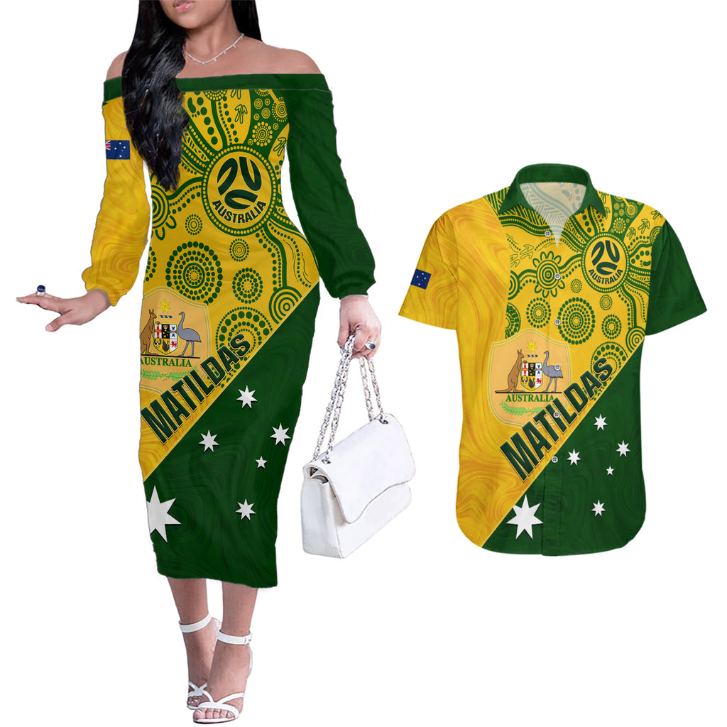 custom-matildas-soccer-couples-matching-off-the-shoulder-long-sleeve-dress-and-hawaiian-shirt-australian-indigenous-national-color