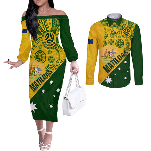 custom-matildas-soccer-couples-matching-off-the-shoulder-long-sleeve-dress-and-long-sleeve-button-shirt-australian-indigenous-national-color
