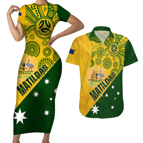 custom-matildas-soccer-couples-matching-short-sleeve-bodycon-dress-and-hawaiian-shirt-australian-indigenous-national-color