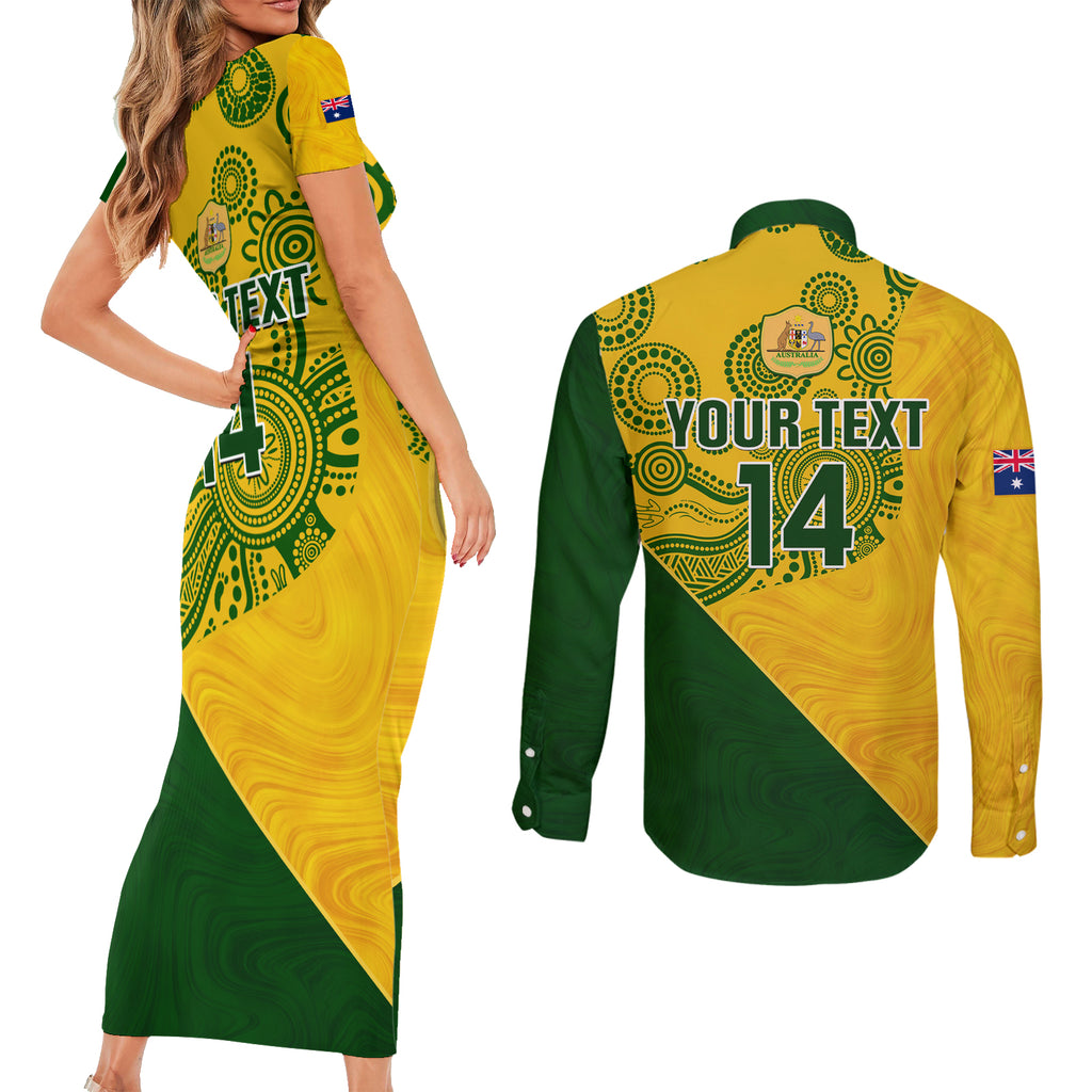custom-matildas-soccer-couples-matching-short-sleeve-bodycon-dress-and-long-sleeve-button-shirt-australian-indigenous-national-color