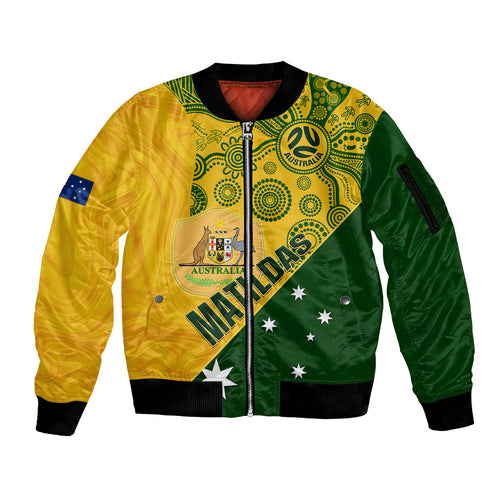 custom-matildas-soccer-sleeve-zip-bomber-jacket-australian-indigenous-national-color