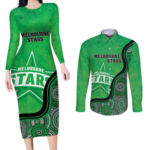 Custom Melbourne Stars Couples Matching Long Sleeve Bodycon Dress and Long Sleeve Button Shirt Indigenous Art - Grunge Style