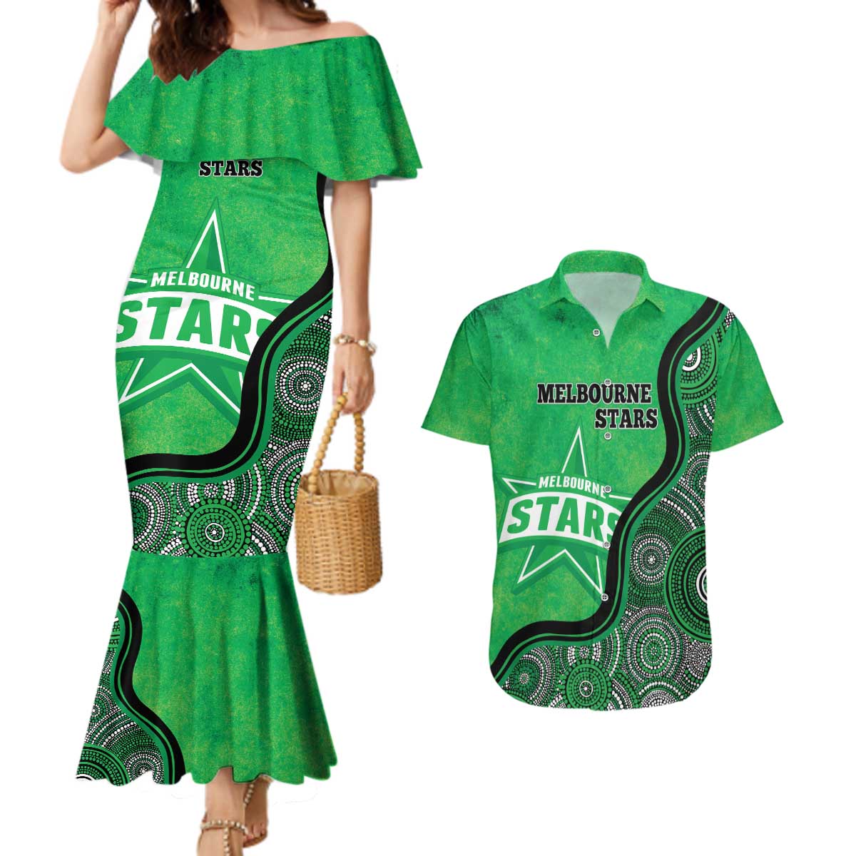 Custom Melbourne Stars Couples Matching Mermaid Dress and Hawaiian Shirt Indigenous Art - Grunge Style