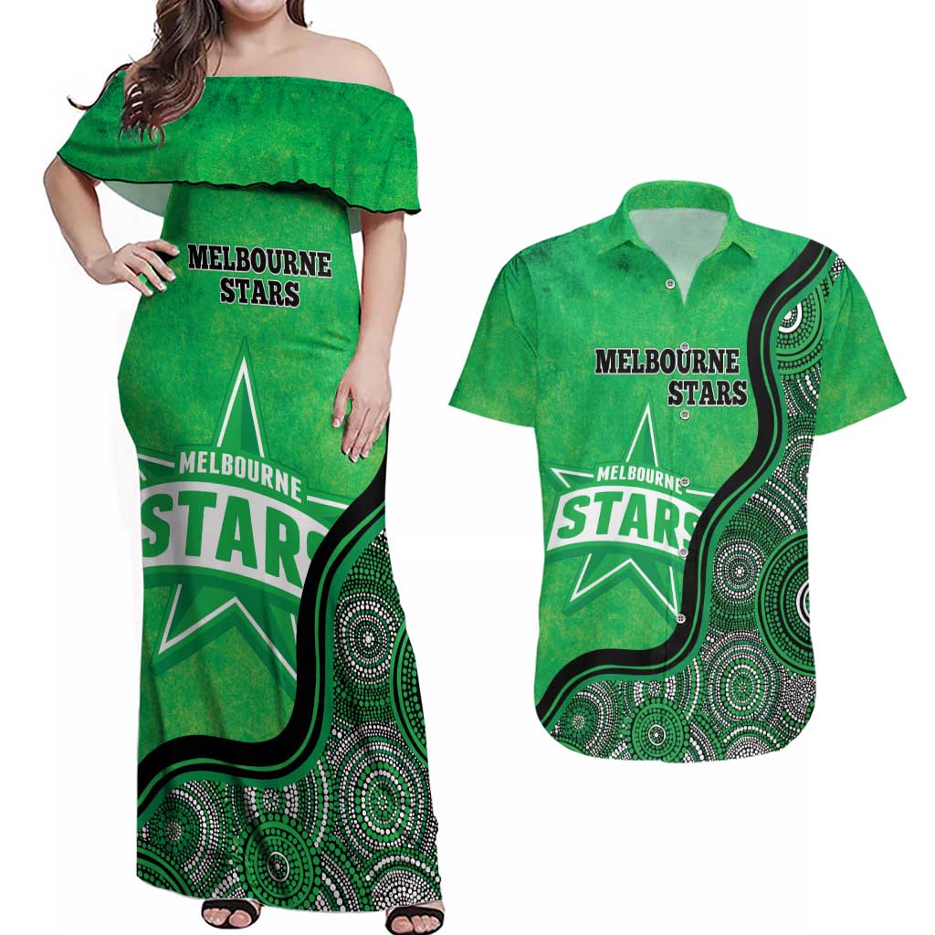 Custom Melbourne Stars Couples Matching Off Shoulder Maxi Dress and Hawaiian Shirt Indigenous Art - Grunge Style