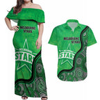 Custom Melbourne Stars Couples Matching Off Shoulder Maxi Dress and Hawaiian Shirt Indigenous Art - Grunge Style