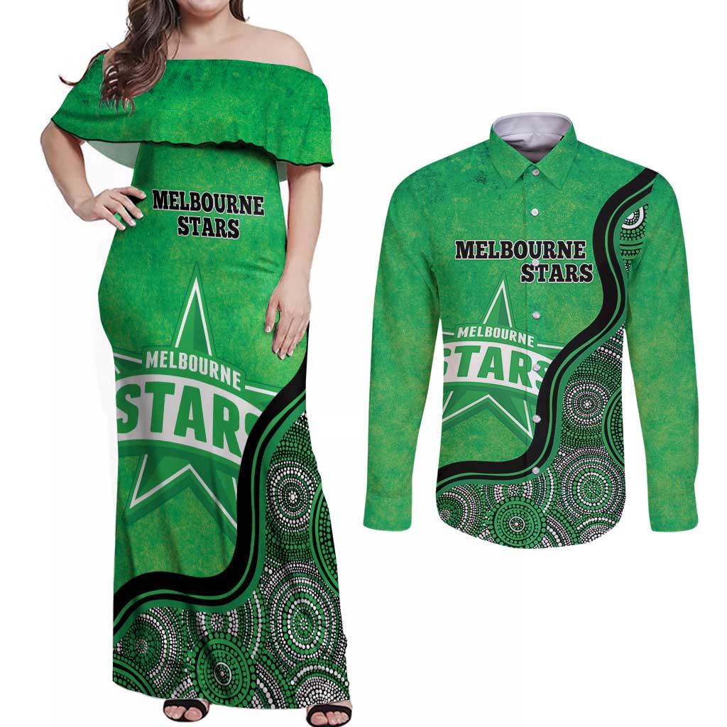 Custom Melbourne Stars Couples Matching Off Shoulder Maxi Dress and Long Sleeve Button Shirt Indigenous Art - Grunge Style