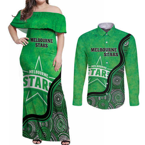 Custom Melbourne Stars Couples Matching Off Shoulder Maxi Dress and Long Sleeve Button Shirt Indigenous Art - Grunge Style