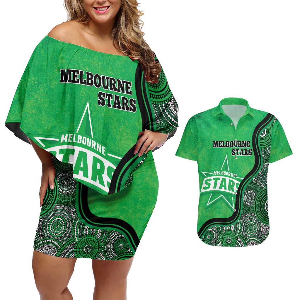 Custom Melbourne Stars Couples Matching Off Shoulder Short Dress and Hawaiian Shirt Indigenous Art - Grunge Style