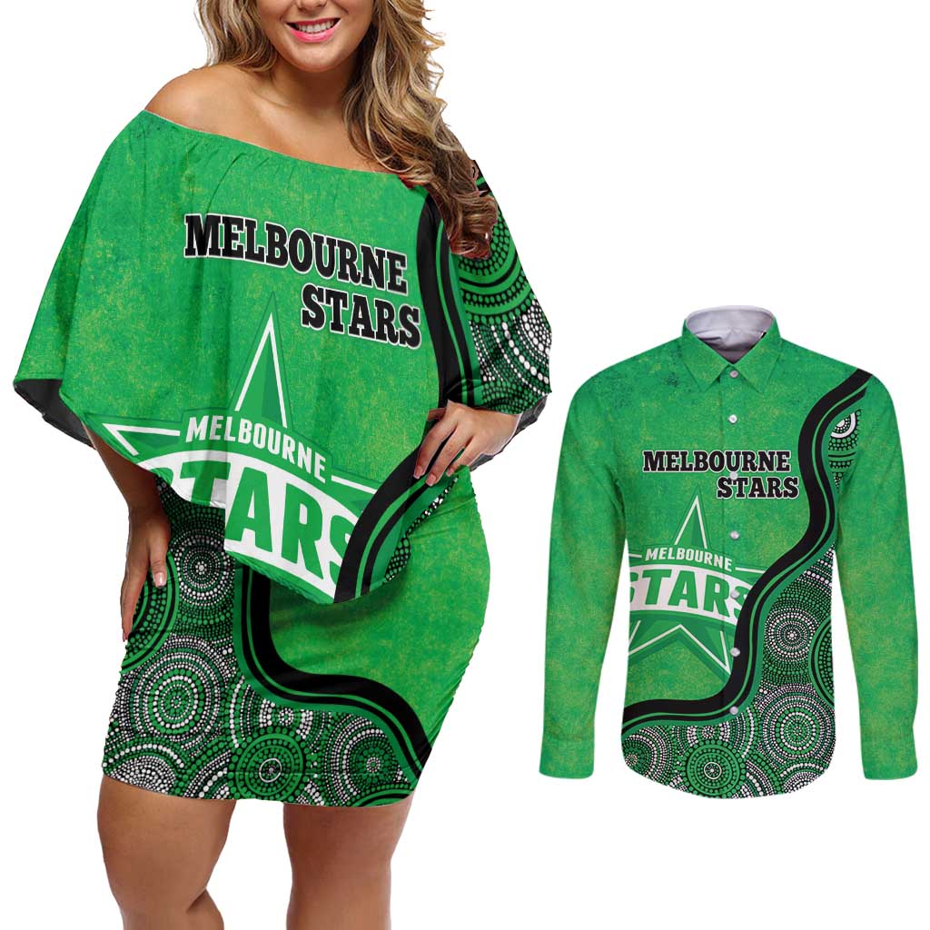 Custom Melbourne Stars Couples Matching Off Shoulder Short Dress and Long Sleeve Button Shirt Indigenous Art - Grunge Style