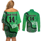 Custom Melbourne Stars Couples Matching Off Shoulder Short Dress and Long Sleeve Button Shirt Indigenous Art - Grunge Style