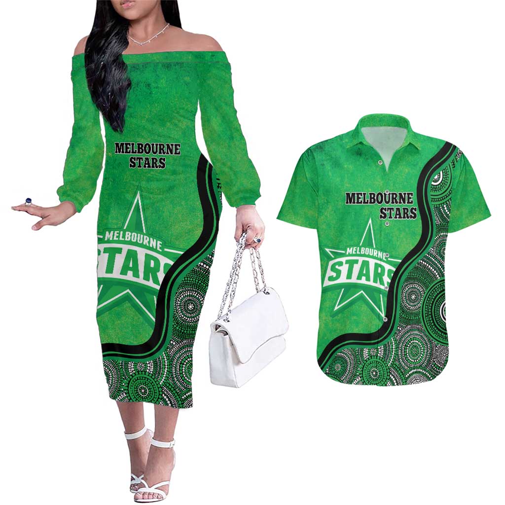 Custom Melbourne Stars Couples Matching Off The Shoulder Long Sleeve Dress and Hawaiian Shirt Indigenous Art - Grunge Style