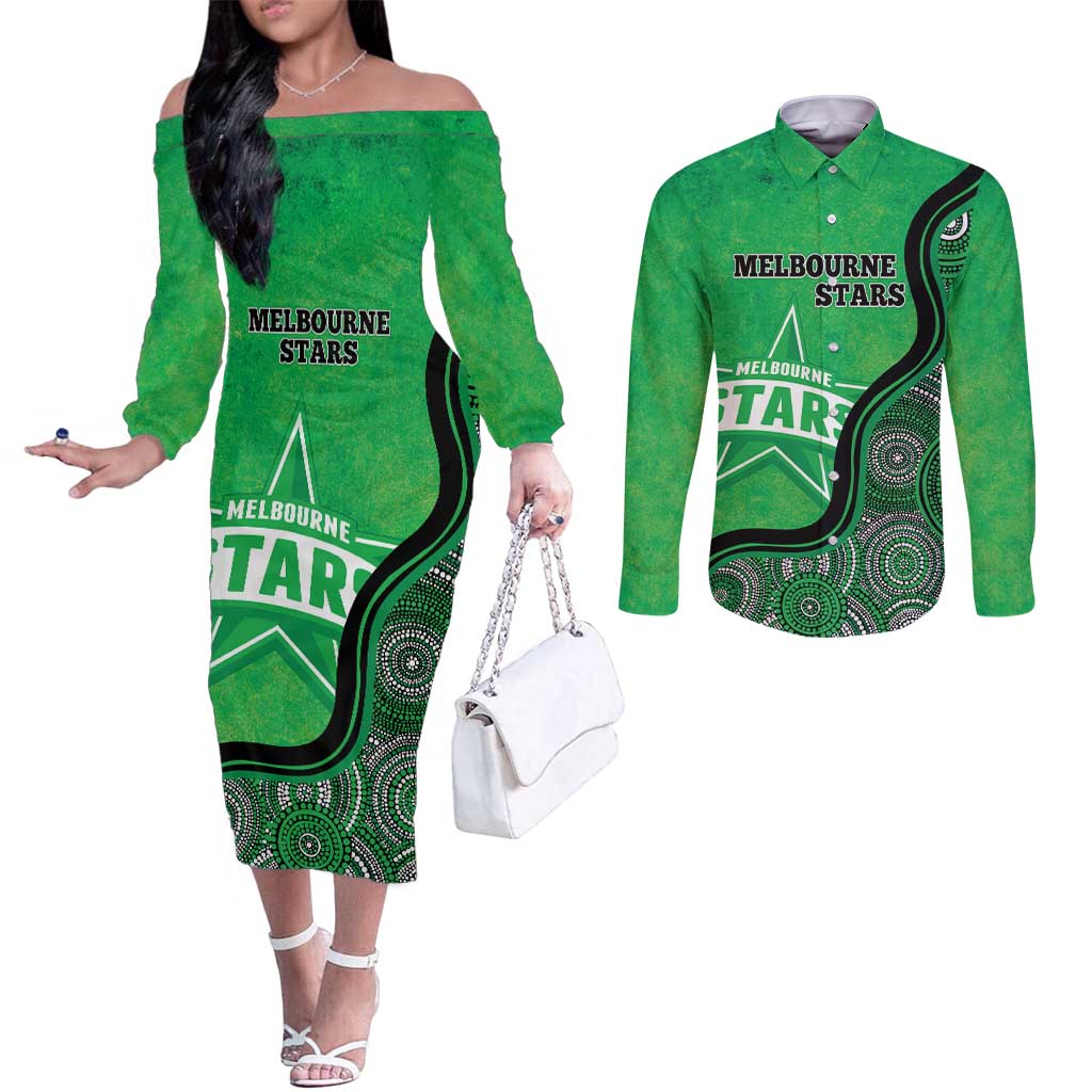 Custom Melbourne Stars Couples Matching Off The Shoulder Long Sleeve Dress and Long Sleeve Button Shirt Indigenous Art - Grunge Style