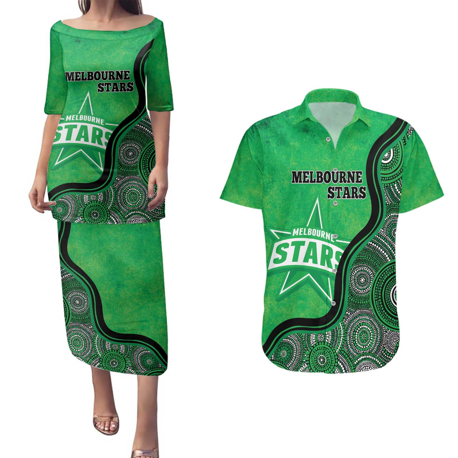 Custom Melbourne Stars Couples Matching Puletasi and Hawaiian Shirt Indigenous Art - Grunge Style