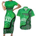 Custom Melbourne Stars Couples Matching Short Sleeve Bodycon Dress and Hawaiian Shirt Indigenous Art - Grunge Style