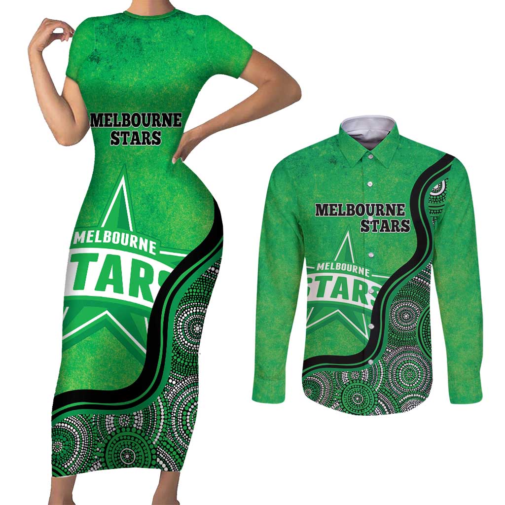Custom Melbourne Stars Couples Matching Short Sleeve Bodycon Dress and Long Sleeve Button Shirt Indigenous Art - Grunge Style