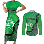 Custom Melbourne Stars Couples Matching Short Sleeve Bodycon Dress and Long Sleeve Button Shirt Indigenous Art - Grunge Style