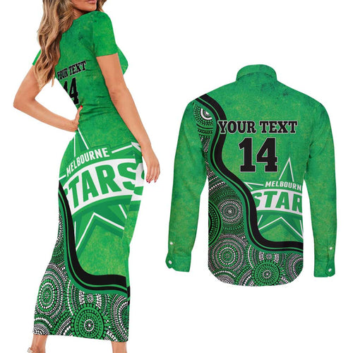 Custom Melbourne Stars Couples Matching Short Sleeve Bodycon Dress and Long Sleeve Button Shirt Indigenous Art - Grunge Style