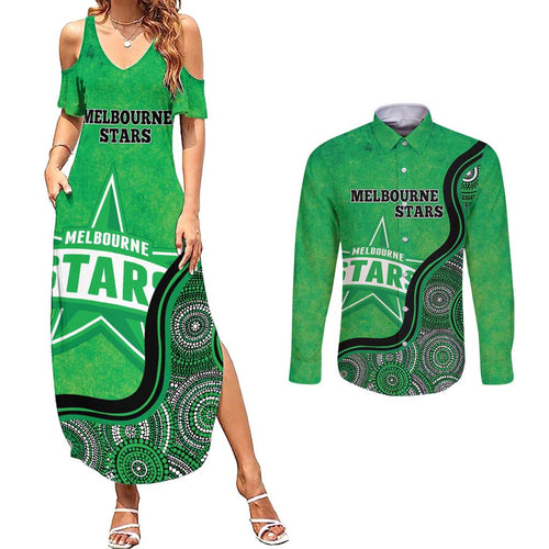 Custom Melbourne Stars Couples Matching Summer Maxi Dress and Long Sleeve Button Shirt Indigenous Art - Grunge Style