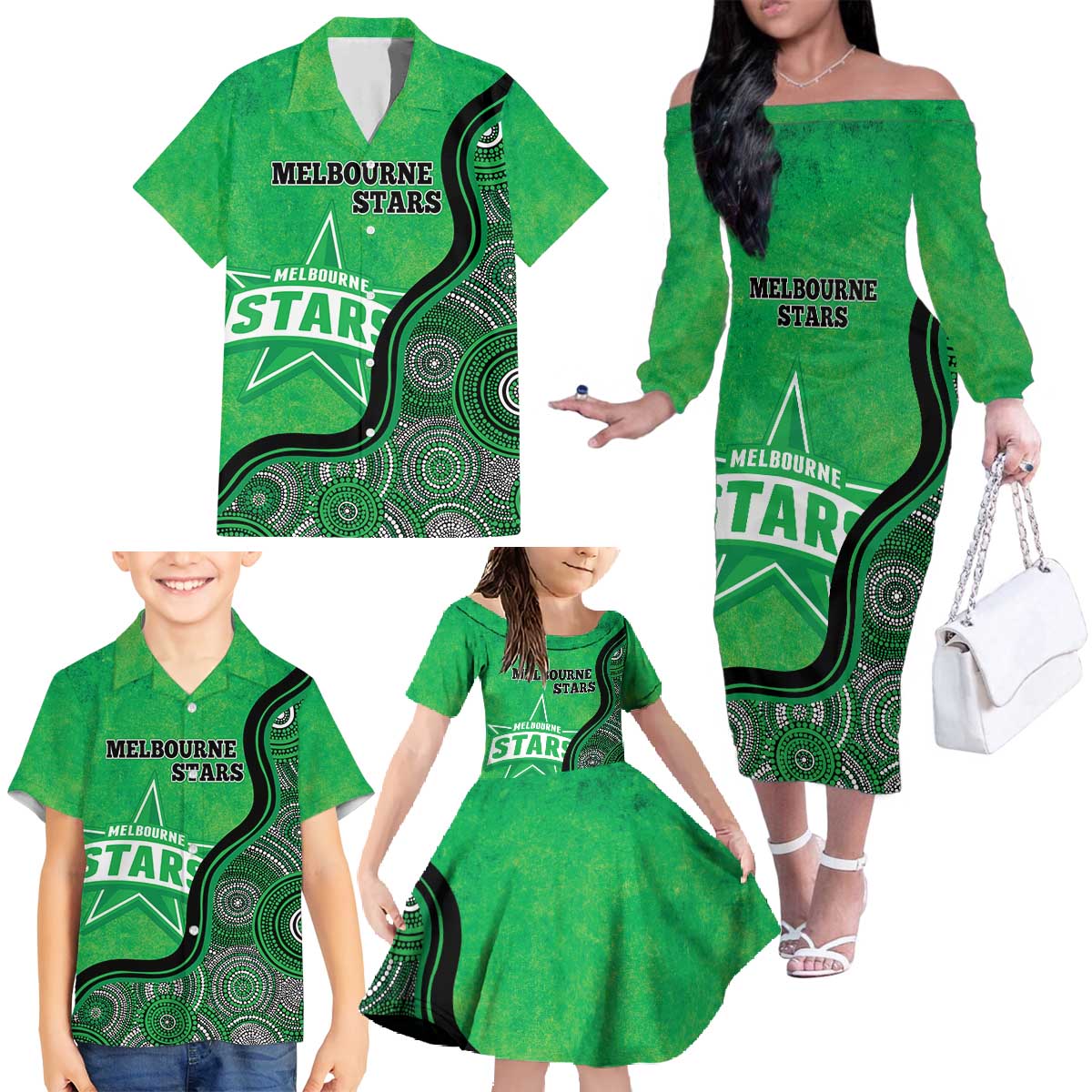 Custom Melbourne Stars Family Matching Off The Shoulder Long Sleeve Dress and Hawaiian Shirt Indigenous Art - Grunge Style