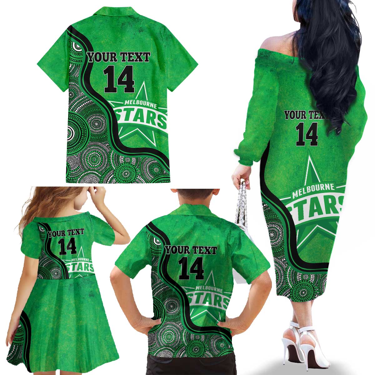 Custom Melbourne Stars Family Matching Off The Shoulder Long Sleeve Dress and Hawaiian Shirt Indigenous Art - Grunge Style