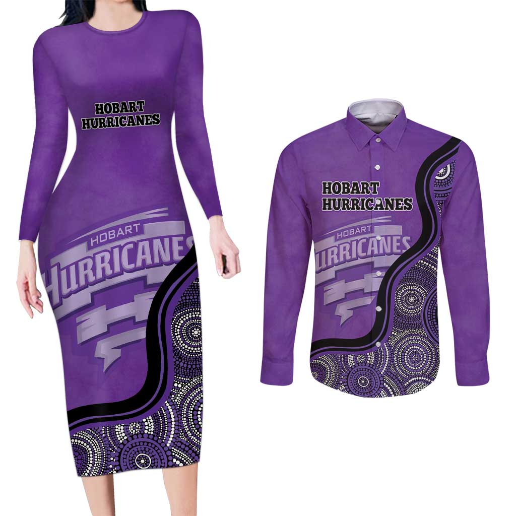 Custom Hobart Hurricanes Couples Matching Long Sleeve Bodycon Dress and Long Sleeve Button Shirt Indigenous Art - Grunge Style