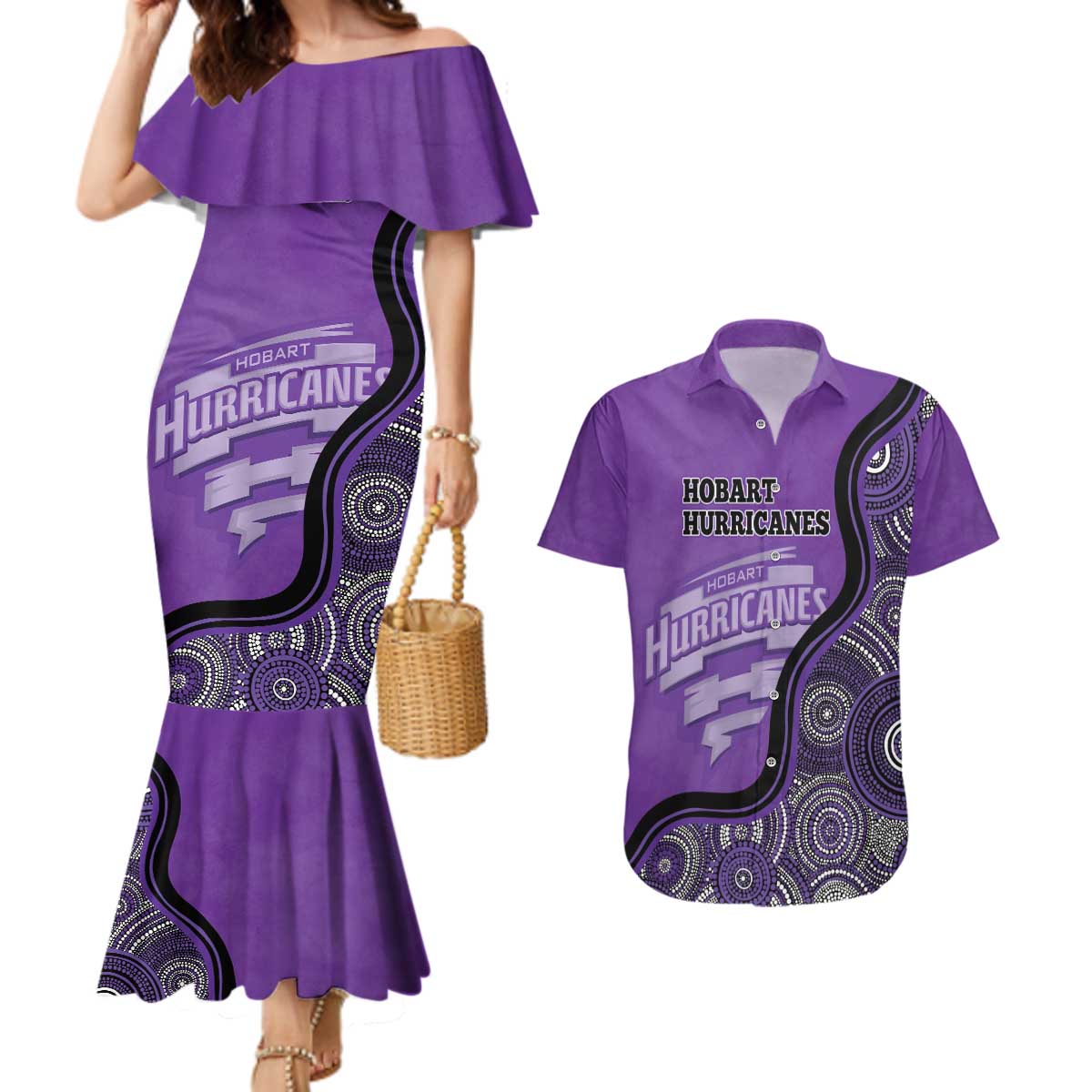 Custom Hobart Hurricanes Couples Matching Mermaid Dress and Hawaiian Shirt Indigenous Art - Grunge Style