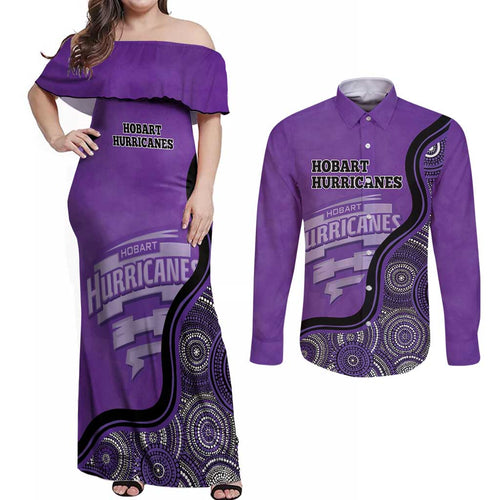 Custom Hobart Hurricanes Couples Matching Off Shoulder Maxi Dress and Long Sleeve Button Shirt Indigenous Art - Grunge Style