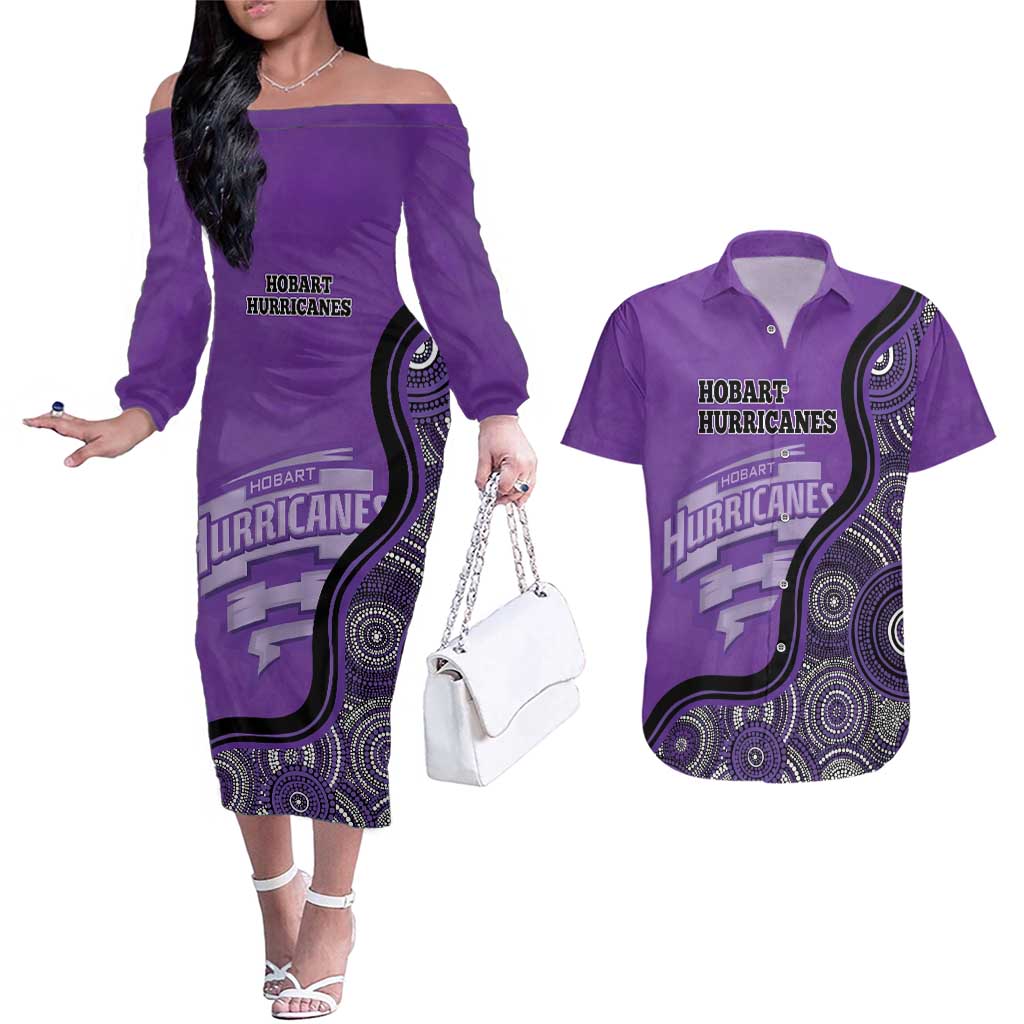 Custom Hobart Hurricanes Couples Matching Off The Shoulder Long Sleeve Dress and Hawaiian Shirt Indigenous Art - Grunge Style
