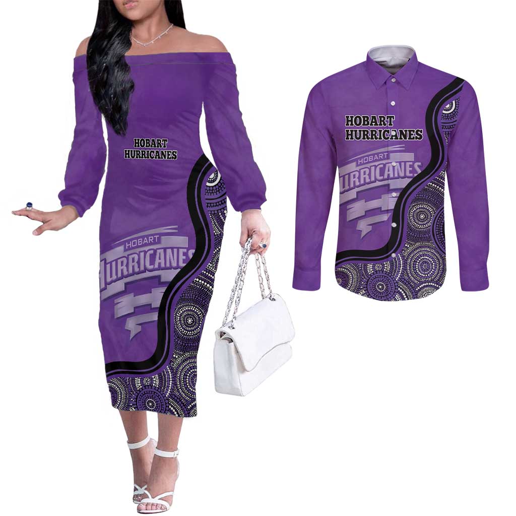 Custom Hobart Hurricanes Couples Matching Off The Shoulder Long Sleeve Dress and Long Sleeve Button Shirt Indigenous Art - Grunge Style