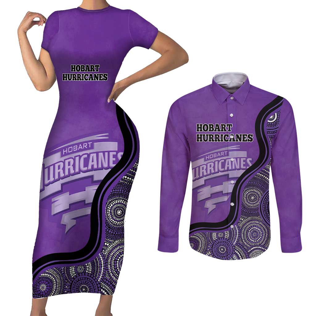 Custom Hobart Hurricanes Couples Matching Short Sleeve Bodycon Dress and Long Sleeve Button Shirt Indigenous Art - Grunge Style