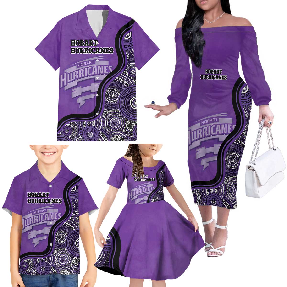 Custom Hobart Hurricanes Family Matching Off The Shoulder Long Sleeve Dress and Hawaiian Shirt Indigenous Art - Grunge Style
