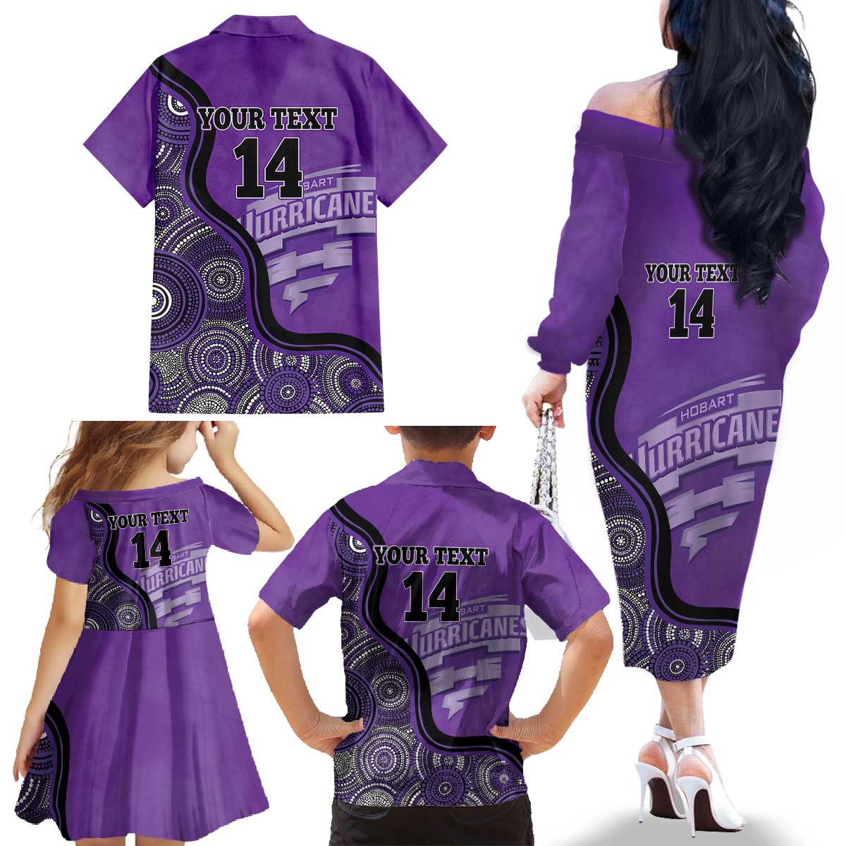 Custom Hobart Hurricanes Family Matching Off The Shoulder Long Sleeve Dress and Hawaiian Shirt Indigenous Art - Grunge Style
