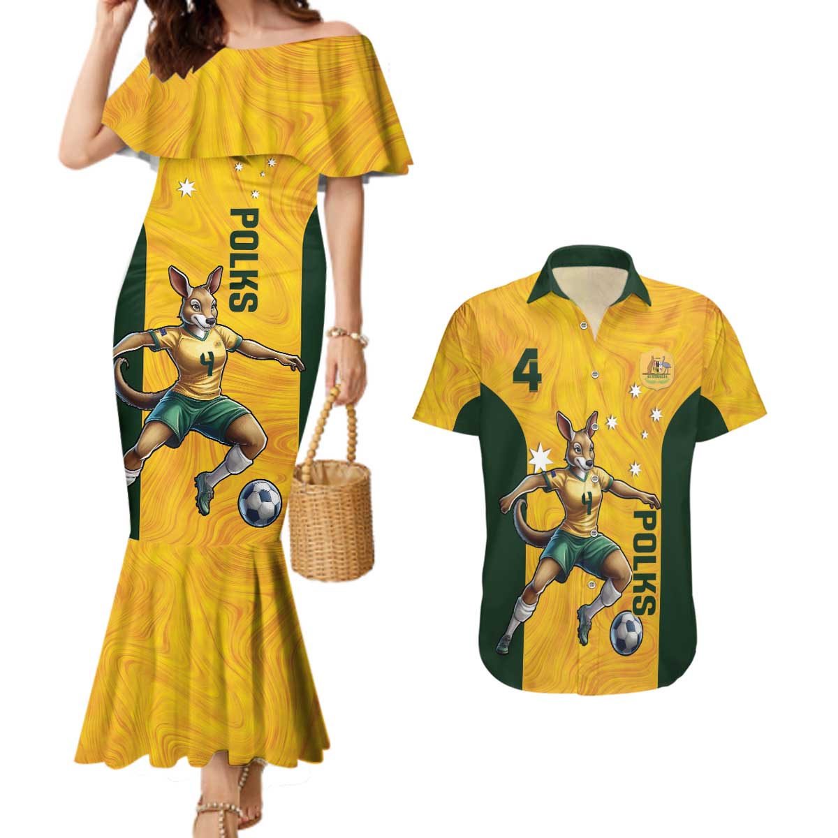 Polkinghorne Australia Matildas Couples Matching Mermaid Dress and Hawaiian Shirt 2024 Thank You Polks