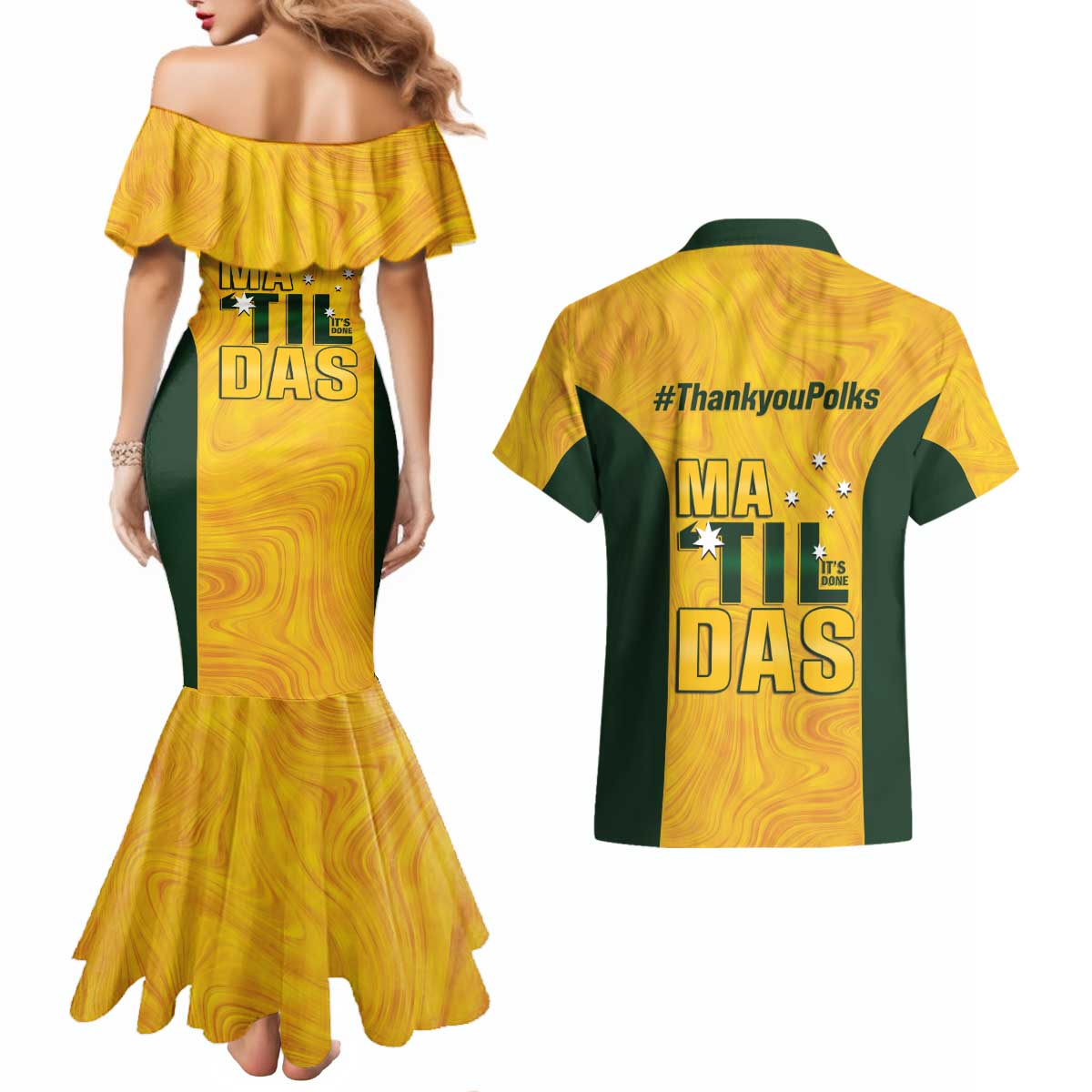Polkinghorne Australia Matildas Couples Matching Mermaid Dress and Hawaiian Shirt 2024 Thank You Polks