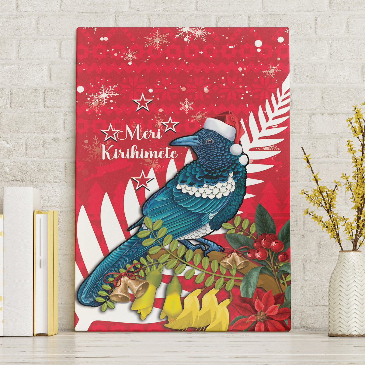 New Zealand Christmas In July Canvas Wall Art Tui Bird With Kowhai Meri Kirihimete