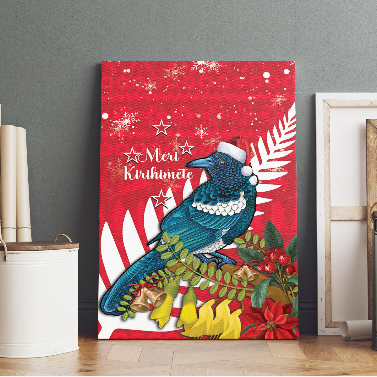 New Zealand Christmas In July Canvas Wall Art Tui Bird With Kowhai Meri Kirihimete