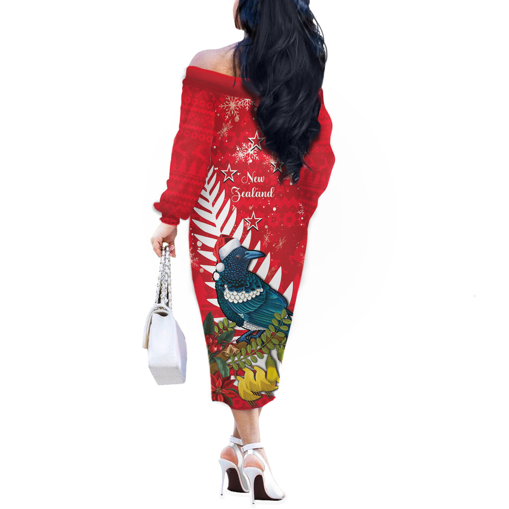 New Zealand Christmas In July Off The Shoulder Long Sleeve Dress Tui Bird With Kowhai Meri Kirihimete