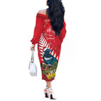 New Zealand Christmas In July Off The Shoulder Long Sleeve Dress Tui Bird With Kowhai Meri Kirihimete