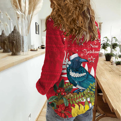 New Zealand Christmas In July Women Casual Shirt Tui Bird With Kowhai Meri Kirihimete
