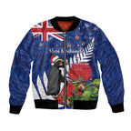New Zealand Christmas In July Bomber Jacket Fiordland Penguin With Pohutukawa Flower